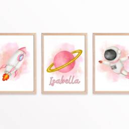 Set Of 3 Personalised Pink Space Prints. Astronaut & Rocket Girls Bedroom Pictures With Name. Decor. Nursery Wall Art - thumbnail 2