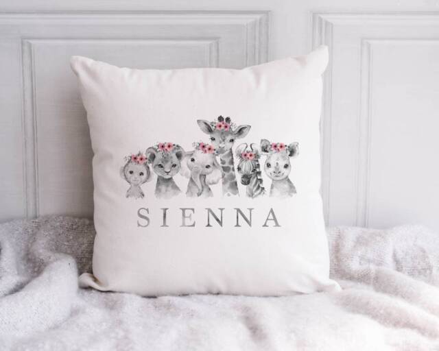 Safari Cushion, Personalised, Animal Bedroom Decor, Jungle Bedroom, Pink, Girls Room, Floral - image 1