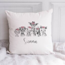 Safari Cushion, Personalised, Animal Bedroom Decor, Jungle Bedroom, Pink, Girls Room, Floral - thumbnail 2