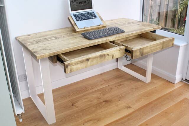 Solid Wood Desk With 2 Drawers On Steel Square Legs - Handmade Rustic Office Custom Size Wooden UK Home Office Chunky Timber - image 1