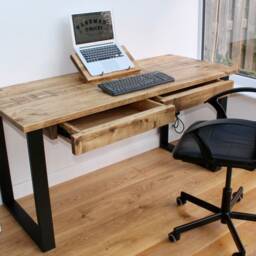Solid Wood Desk With 2 Drawers On Steel Square Legs - Handmade Rustic Office Custom Size Wooden UK Home Office Chunky Timber - thumbnail 3