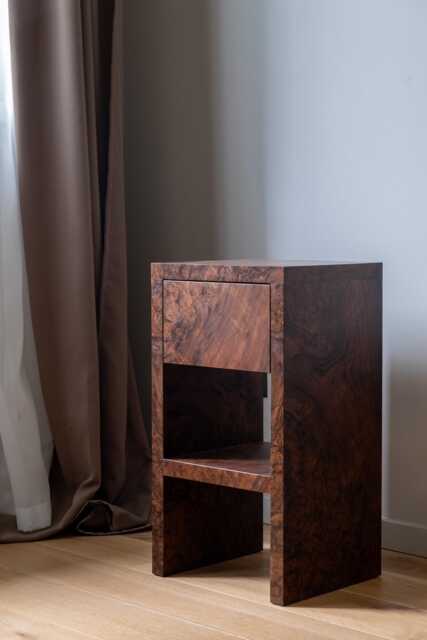 Handcrafted Rustic Walnut Burl Veneer Nightstand With Drawer - image 1