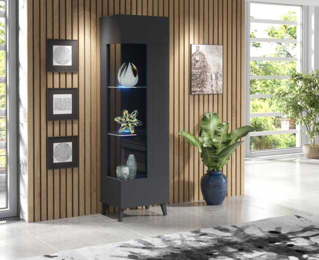 Furneo Grey Display Cabinet Storage Modern Glass Cupboard High Gloss & Matt Azzurro 12G Led Lights - image 1