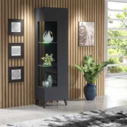 Furneo Grey Display Cabinet Storage Modern Glass Cupboard High Gloss & Matt Azzurro 12G Led Lights - thumbnail 3