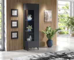 Furneo Grey Display Cabinet Storage Modern Glass Cupboard High Gloss & Matt Azzurro 12G Led Lights - thumbnail 1