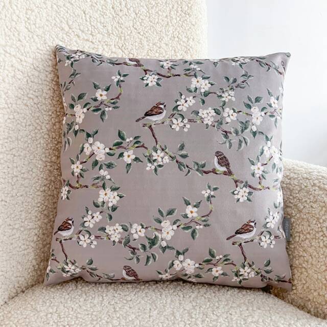 Celina Digby?? Luxury Designer Velvet Cushion Cover Pillow, Available in 3 Sizes Square Rectangular - Orchard Blossom Taupe, Sparrow Birds - image 1