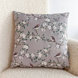 Celina Digby?? Luxury Designer Velvet Cushion Cover Pillow, Available in 3 Sizes Square Rectangular - Orchard Blossom Taupe, Sparrow Birds - thumbnail 1