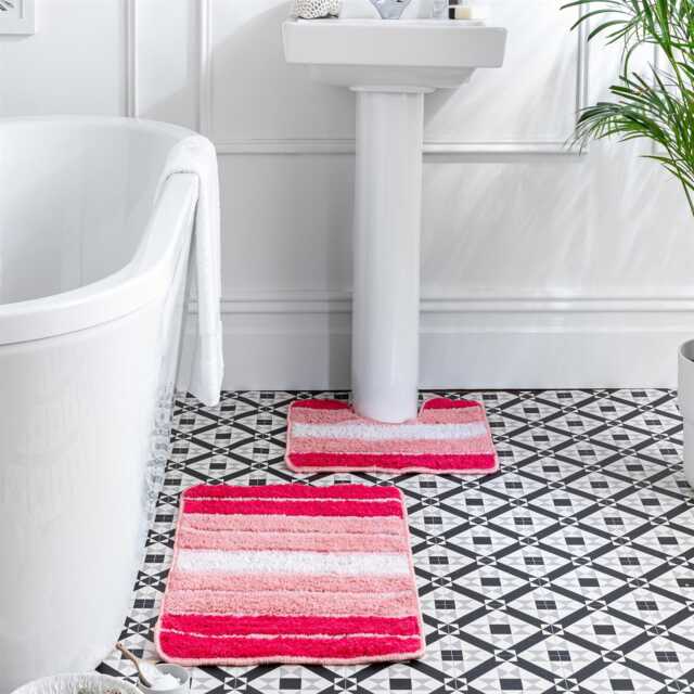 stripe Coral Pink Cotton Bath Mat 50 X 80cm & Pedestal 50cm Set Bathroom Rubber Non-Slip Backing Machine Washable Tumble Dry - image 1