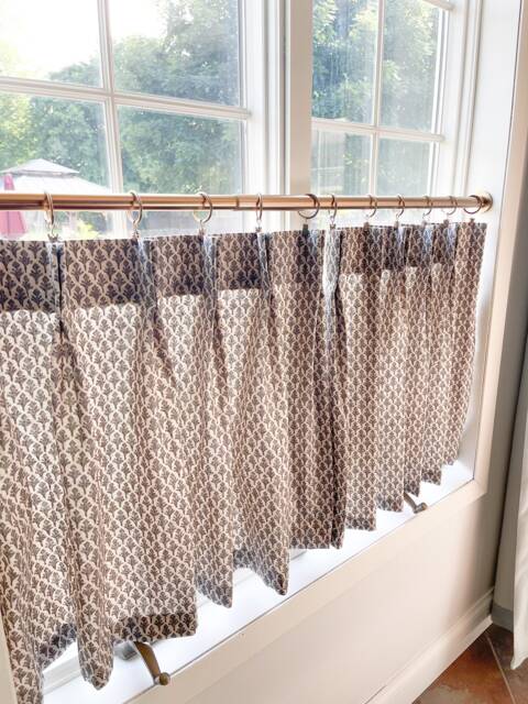 Black On Brown Block Print Cafe Curtain Pleated Neutral Window Treatment - image 1