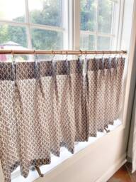 Black On Brown Block Print Cafe Curtain Pleated Neutral Window Treatment - thumbnail 1
