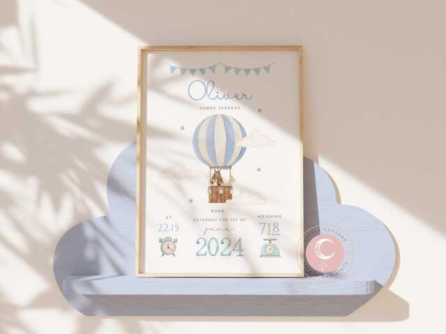 Personalised Hot Air Balloon Baby Birth Details Print - Woodland Animal New Boy Girl Gift Newborn Keepsake - image 1