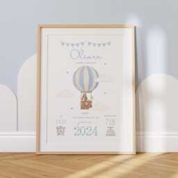 Personalised Hot Air Balloon Baby Birth Details Print - Woodland Animal New Boy Girl Gift Newborn Keepsake - thumbnail 3
