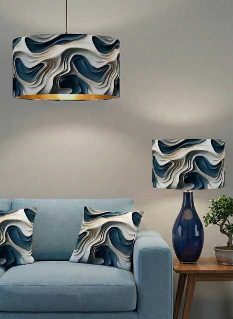 Handmade By Order Luxury Blue Grey Silver Wave Pattern Drum Velvet Lamp Shade Pendant Light All Shapes & Sizes Available - image 1