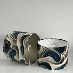 Handmade By Order Luxury Blue Grey Silver Wave Pattern Drum Velvet Lamp Shade Pendant Light All Shapes & Sizes Available - thumbnail 3
