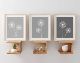 Dandelion Wall Art, Gray Bedroom Decor, Dandelion Canvas Or Prints, Pictures Flower Art Print Home Set Of 3 - thumbnail 1