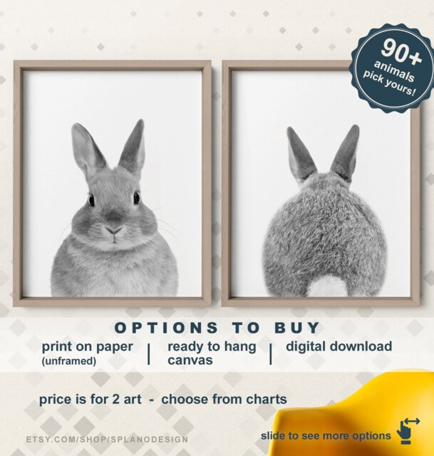 Black & White Bunny Prints, Nursery Art Canvas, Rabbit Set, Butt For Nursery, Bunnies Home Decor, Baby Animals Prints - image 1