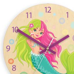 Children Wall Clock - Mermaid With Personalizen Name, Numbers, Gift, Green, Pink. Blue Clock, Kids Girls - thumbnail 2