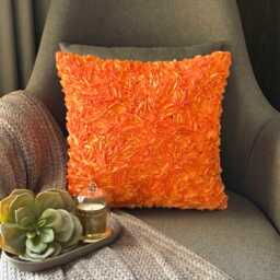 Orange Art Silk, Ribbon Embroidered Solid Pattern, Modern Throw Pillow Cover/Euro Sham - Peel - thumbnail 2