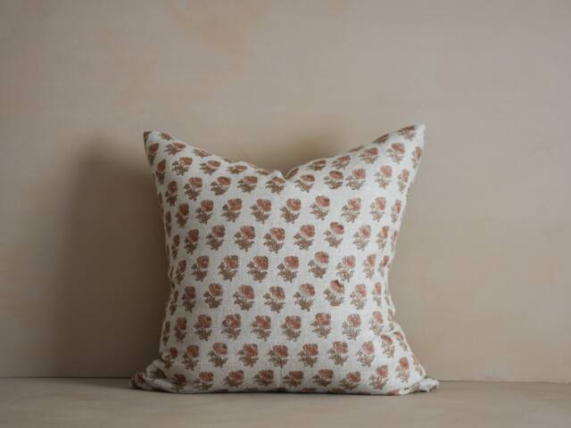 Linen Floral Block Print Pillow Terracotta Brown Flowers, Usa Made - image 1