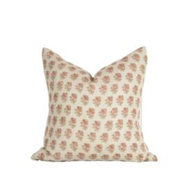 Linen Floral Block Print Pillow Terracotta Brown Flowers, Usa Made - thumbnail 3