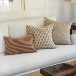 Linen Floral Block Print Pillow Terracotta Brown Flowers, Usa Made - thumbnail 2