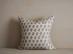 Linen Floral Block Print Pillow Terracotta Brown Flowers, Usa Made - thumbnail 1