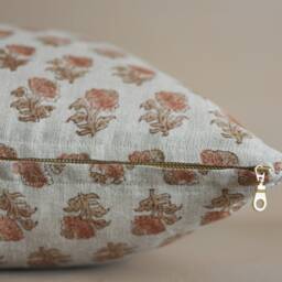 Linen Floral Block Print Pillow Terracotta Brown Flowers, Usa Made - thumbnail 4