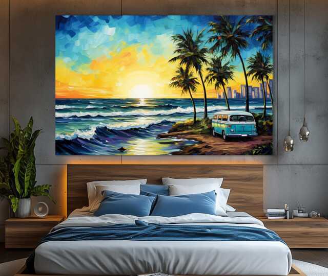 Abstract Miami Beach Canvas Print in Van Gogh Starry Night Style, Skyline, Wall Art, Gift, Florida Art - image 1