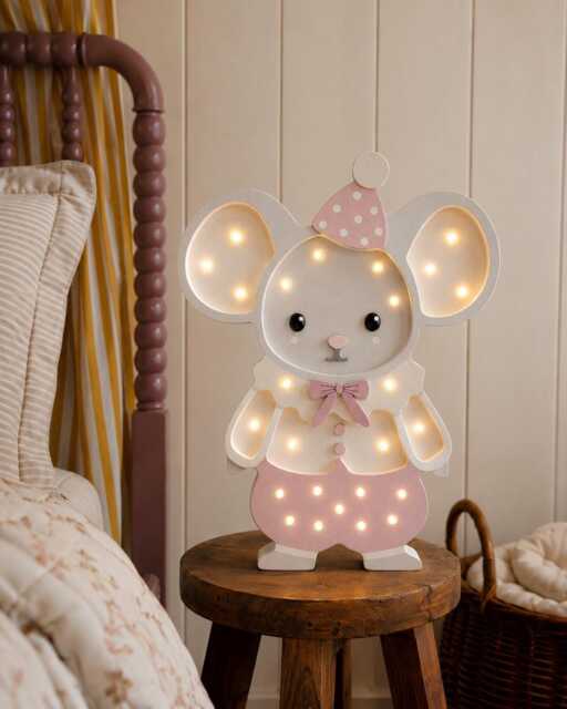 Wooden Night Light Mouse For Kids Handmade Nursery Lamp Baby Shower Gift Maileg Style Circus Theme Girls Pink Room Decor Animal Wall - image 1