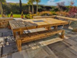 Solid Wood Garden Table 8Ft X 4Ft Inc. Matching Benches & Central Firepit