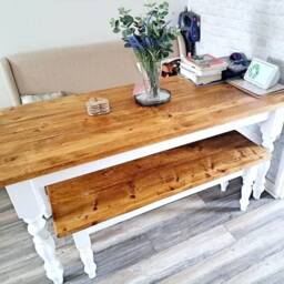 Narrow Farmhouse Table & Bench Set - Handcrafted Solid Wood Dining Furniture - thumbnail 2