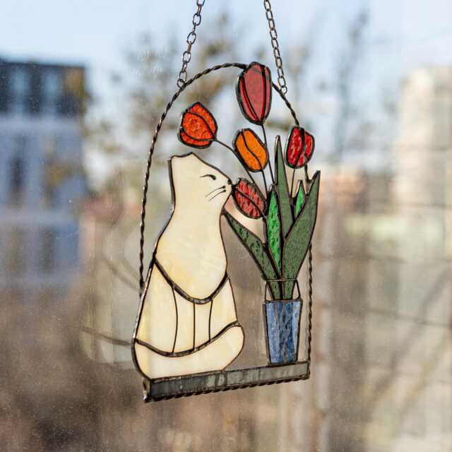 stained Glass Cat Suncatcher With Red Or Blue Flowers - Spring Window Wall Hanging Decor Mother's Day Gift For Lovers - image 1