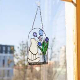 stained Glass Cat Suncatcher With Red Or Blue Flowers - Spring Window Wall Hanging Decor Mother's Day Gift For Lovers - thumbnail 2