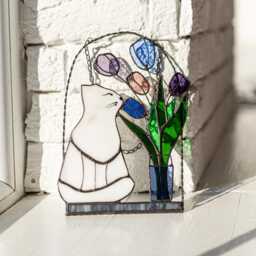 stained Glass Cat Suncatcher With Red Or Blue Flowers - Spring Window Wall Hanging Decor Mother's Day Gift For Lovers - thumbnail 3