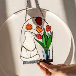 stained Glass Cat Suncatcher With Red Or Blue Flowers - Spring Window Wall Hanging Decor Mother's Day Gift For Lovers - thumbnail 4