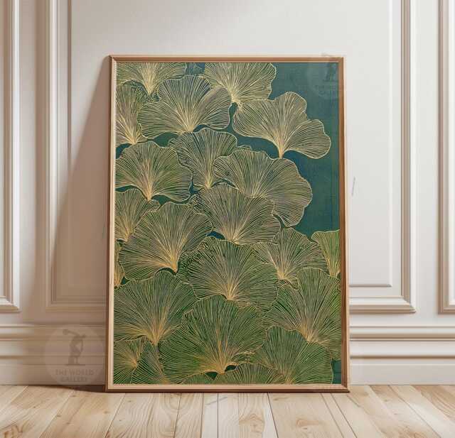 Green Gold Ginkgo Poster Print - Botanical Leaf Wall Art Japanese Nature Illustration - image 1