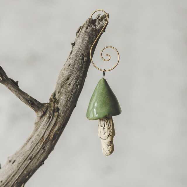 Woodland Ceramic Green Mushroom - Christmas Tree Handmade Ornament, Nature Inspired Decor - image 1