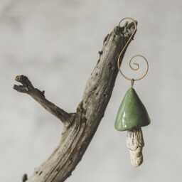 Woodland Ceramic Green Mushroom - Christmas Tree Handmade Ornament, Nature Inspired Decor - thumbnail 2