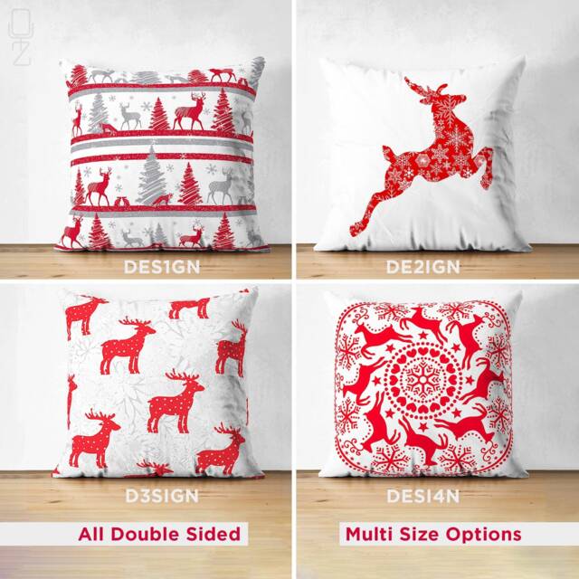 Christmas Suede Cushion Covers With Red Reindeers On White Background - Double Sided Printed Soft Multi-Sizes Oeko-Tex?? Standards - image 1