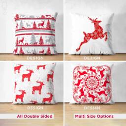 Christmas Suede Cushion Covers With Red Reindeers On White Background - Double Sided Printed Soft Multi-Sizes Oeko-Tex?? Standards - thumbnail 1