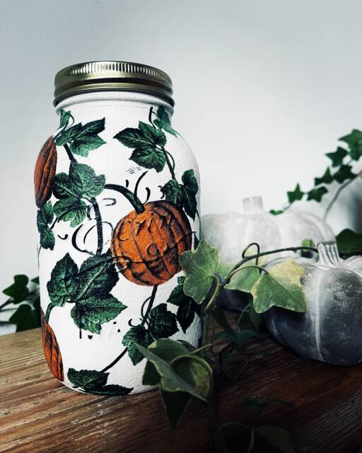 Hand Decorated Pumpkin Design Mason Jar - Vase, Storage, Autumn, Halloween, Fall