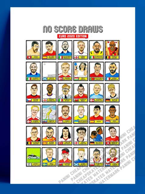Euro 2020 - No Score Draws Edition A3 Print Of 36 Wonky Hand-Drawn Panini-style Doodles Cheapskate Football Art - image 1