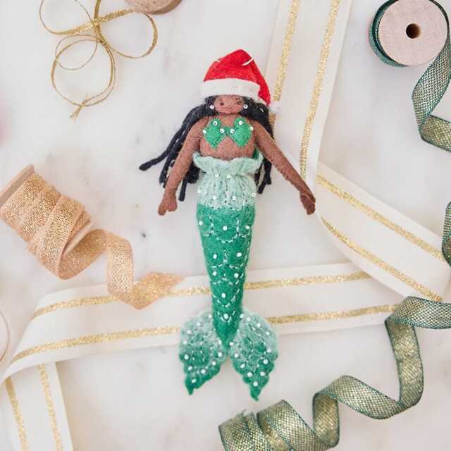 Christmas Mermaid Ornament - Brown, Hand Felted Holiday Siren Charm, Handmade Whimsical Decor - image 1