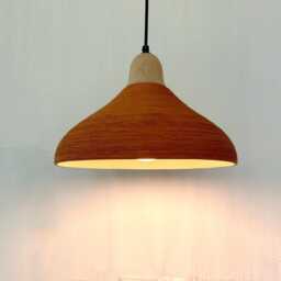 Handmade Terracotta Pendant Light Carved Ceramic Shade, Wood Canopy - thumbnail 3