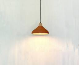 Handmade Terracotta Pendant Light Carved Ceramic Shade, Wood Canopy
