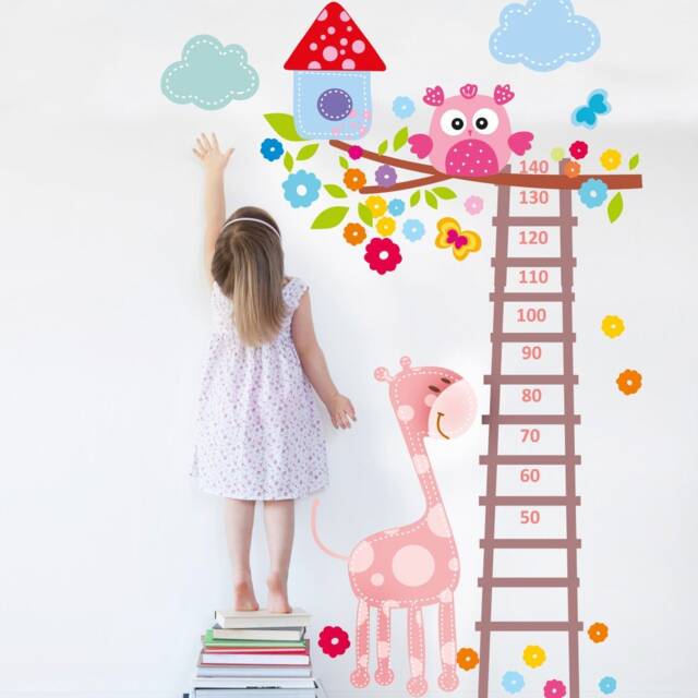 Growth Chart Wall Decal For Girls Room, Height Vinyl Stickers, Nursery Owl Giraffe Decor - image 1