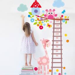 Growth Chart Wall Decal For Girls Room, Height Vinyl Stickers, Nursery Owl Giraffe Decor - thumbnail 1