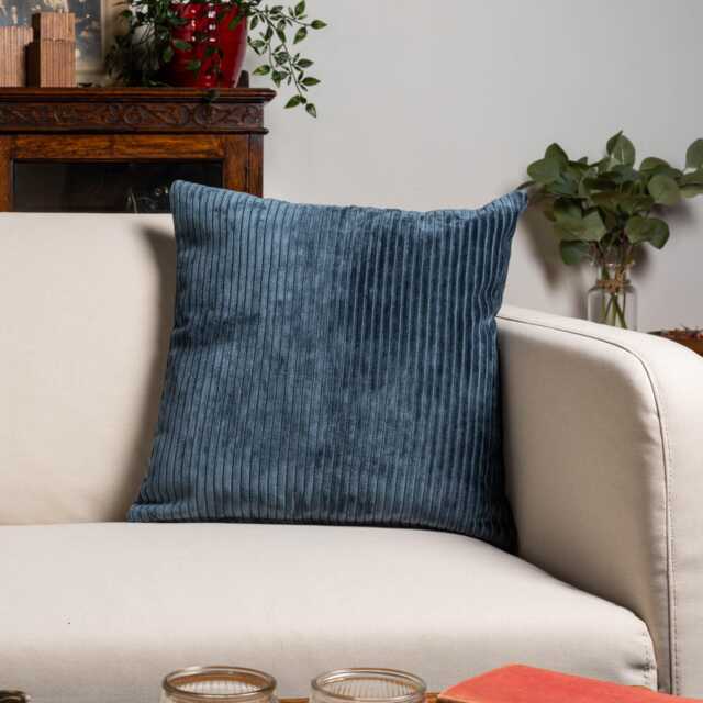 Velvet Jumbo Corduroy Cushion Cover in Ink Blue. Modern Striped, Supersoft Chenille Navy 17x17 - image 1