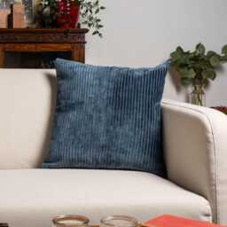 Velvet Jumbo Corduroy Cushion Cover in Ink Blue. Modern Striped, Supersoft Chenille Navy 17x17 - thumbnail 1