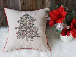 Pine Tree Christmas Pillow Covers, New Year Snowflakes Embroidered Beige Throw For Home Decoration 18x18